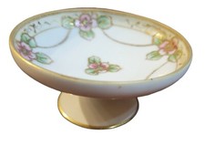 Nippon Porcelain HandPainted Footed Bowl Gold Trim 2x4 Pink Green Roses Vtg picture