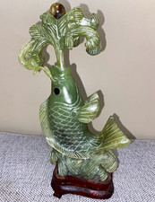 Chinese Antique Green Celadon Jade Leaping Fish with Lotus and Aquatic Foliage  picture
