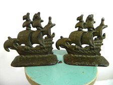 Antique Sailing Clipper Ships Bookends Pair Cast Metal Pirate Galleon Corp 1928 picture