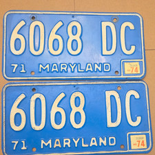 Vintage Maryland License Plates Pair 6068 DC Blue/White (1968) picture