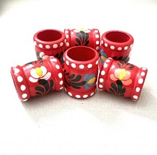 Vintage Hand-Painted Wooden Napkin Rings Set of 6 Red Floral Folk Art picture