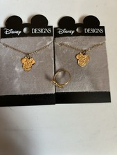 Vintage Gold Tone Mickey Disney Necklace With Ring 3pc picture