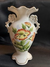 Vintage Hand-Painted Porcelain “Poppies” Gold Trimmed Ruffled Handled Vase picture