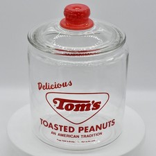 Vintage 1950s Toms Toasted Peanuts Glass Jar Counter Display Red Knob Lid MINT picture