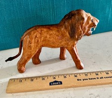 Vintage Leather Wrapped Lion Statue Figurine Mid-Century Glass Eyes 9