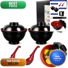 JapanBargain Set of 2 Soup Bowl with Lid and Spoon Black Red 21 oz Japanese picture