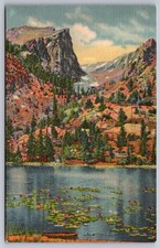 Nymph Lake & Hallett Peak Rocky Mountain National Park Colorado Postcard c.1937 picture