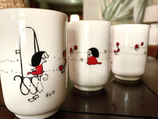 Vintage 1970s Japanese Showa Retro Anime Teacup Set 6 Toshiko Mutoo Manga Yunomi picture