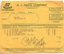 1937 H.J. Heinz Co. 57 Varieties food invoice, guarantee bac picture