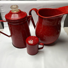 Vintage Red Speckled Enamelware Coffee Pot Pitcher Shaker Lot Farmhouse Camp picture
