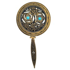 Vintage Etched Brass Black Enamel Floral Vanity Mirror Blue Bead Retro Decor picture