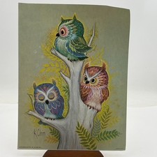 VTG 70s K Chin Owl Litho Print Mid Century Modern 3 Treed Flower Power 9