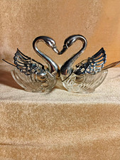 Crystal and silver (plated) Swan Salt Cellars Set of 2 w/ Spoons picture