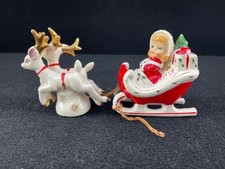 Vtg 1950s Relco Christmas Candy Cane Shopper Girl Sleigh 2 Reindeer Foil Label picture