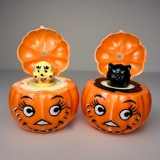 Two Vintage Fun World Halloween pop-up squeaker toys Pumpkin Ghost & Cat picture