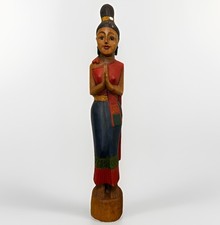 Vintage Thai Sawasdee Lady Welcome Praying Statue Hand Carved Wood 20” Tall picture