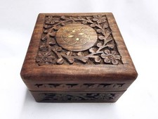 Vintage Wooden Jewelry Trinket Box Hand Carved Wood brass inlay Made In India picture