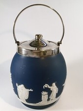 Adams Tunstall Jasperware Biscuit Barrell Cookie Jar W/Silver-Plate Lid &Handle picture