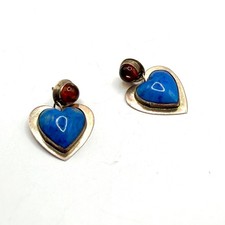 Vintage 90s Jason Livingston Signed Sterling Silver Lapis Amber Heart Earrings picture