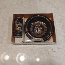 Vintage Greek “Special Fintias” Ashtray & Table Lighter Set– Handmade w 24K Gold picture