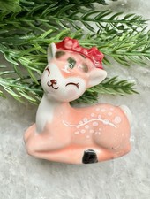 New MINI Pink Christmas Reindeer Deer Fawn w/ Red Bow Ceramic Figure - 1.75” picture