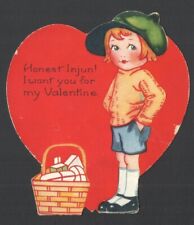 50's Valentine's Card Cute Kid w/Basket Honest Engine I want you for my Valenti picture