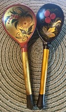 Set of Two Vintage Hand Painted Decorative Wood Soup Spoons Asian Lacquer Spoons picture