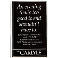 The Carlyle Serving A Late Supper Menu Houston TX 1984 Houston Clipping SAH2-M16 picture
