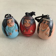 Lot of 3 VTG Hand Painted Wooden Egg Ornaments Native American Folk Art Signed picture