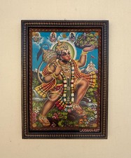Vintage Hanuman Photo Indian God Print in Hand-Painted Wooden Frame - 16 x 22 