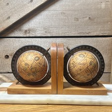 Vintage Old World Globe Bookends Pair Wood Bases MCM Library Office Decor picture