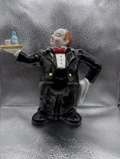 9” Vintage Ceramic Waiter Maitre D Tuxedo Figurine Tray Bottle Glass China picture