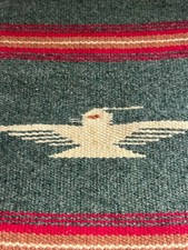 VINTAGE SOUTHWESTERN WOVEN WOOL TABLE MAT GREEN RED BROWN THUNDERBIRD picture