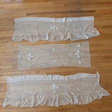 Antique Czechoslovakian Tambour Lace Curtain Valance Pair Table Runner Set picture