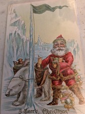 1909 EARLY RED SUIT SANTA CLAUS POSTCARD, WHITE POLAR BEAR SANTA CLAUS DEPOT picture