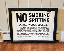 VINTAGE NYC SUBWAY SIGN PORCELAIN NO SMOKING NO SPITTING CITY OF NY IRT NYCTA picture