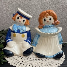 Vtg Metlox Poppytrail Raggedy Ann & Andy Ceramic Cookie Jars Pair Ca Pottery 60s picture