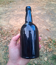 Mid to Late 1800s Black Glass Bottle Long Neck Applied Lip  picture