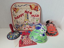 LOT OF VINTAGE NEW YEARS EVE PAPER PARTY GOODS AND METAL NOISEMAKER picture