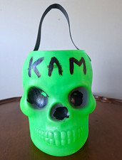 RARE Vintage AJ Renzi Green W/ Black Eyes Skull Halloween Candy Bucket picture