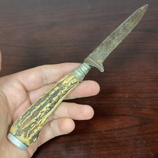 Vtg Carbon Steel Stag 3.5” Fixed Blade Hunting Knife Aluminum Made In USA Pommel picture