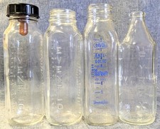 Vintage Glass Baby Bottle Lot of 4 Pyrex Evenflo Davol Duraglas Bakelite Cap 8oz picture