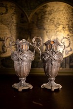 Antique Pair French Spelter Garniture Urns Vases Ornate Neoclassical 11.5