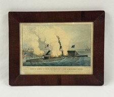 1862 Currier & Ives USS Monitor Merrimac Civil War Hand Colored Lithograph Print picture