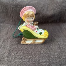 Vintage 1979 Joan Walsh Anglund Ceramic Girl On Sled Sleigh With Bear Ornament  picture