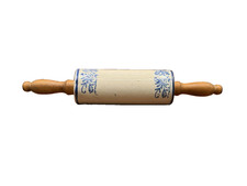Antique Blue & White Stoneware Rolling Pin Wildflower Salt Glaze Wood Handles picture