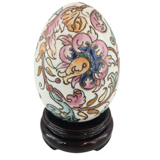 Vintage Decorative Ceramic Egg Asian Floral Motif Hand Painted on Wood Stand picture