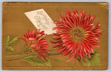 c1910s Birthday Greetings Flowers Red Embossed Antique Postcard picture
