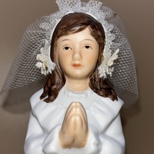 Vintage First Communion  Ceramic Girl Figurine Music Box Plays The Lords Prayer picture