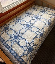 Vintage Handmade Blue Cream Star Patchwork Quilt Floral Geometric 60 x 83  picture